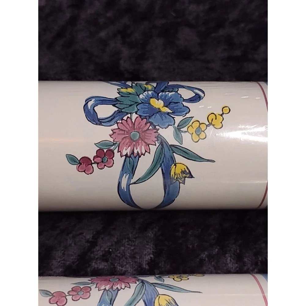 Vintage 3 Rolls Borden Wallpaper Blue Mauve Striped Bows Flowers Cottagecore